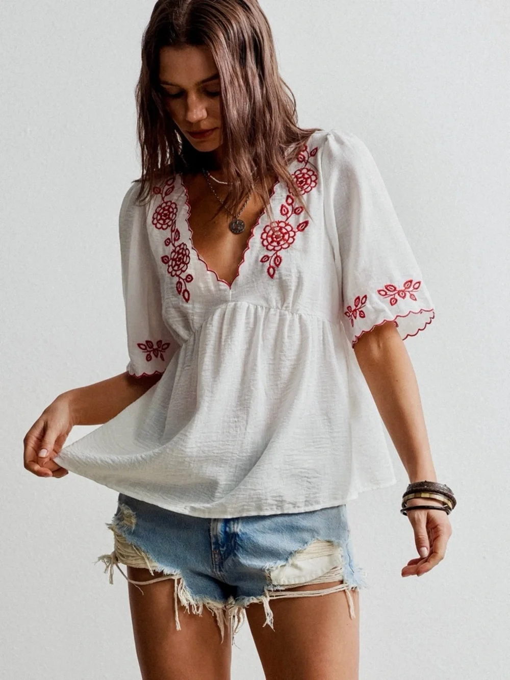 ♥️Hello Gorgeous! Embroidered Floral V-Neck Blouse - White